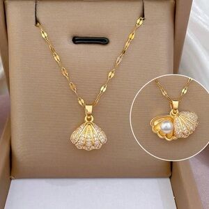 Gold Shell Pendant Necklace, Seashell Necklace, Pearl in Shell Necklace